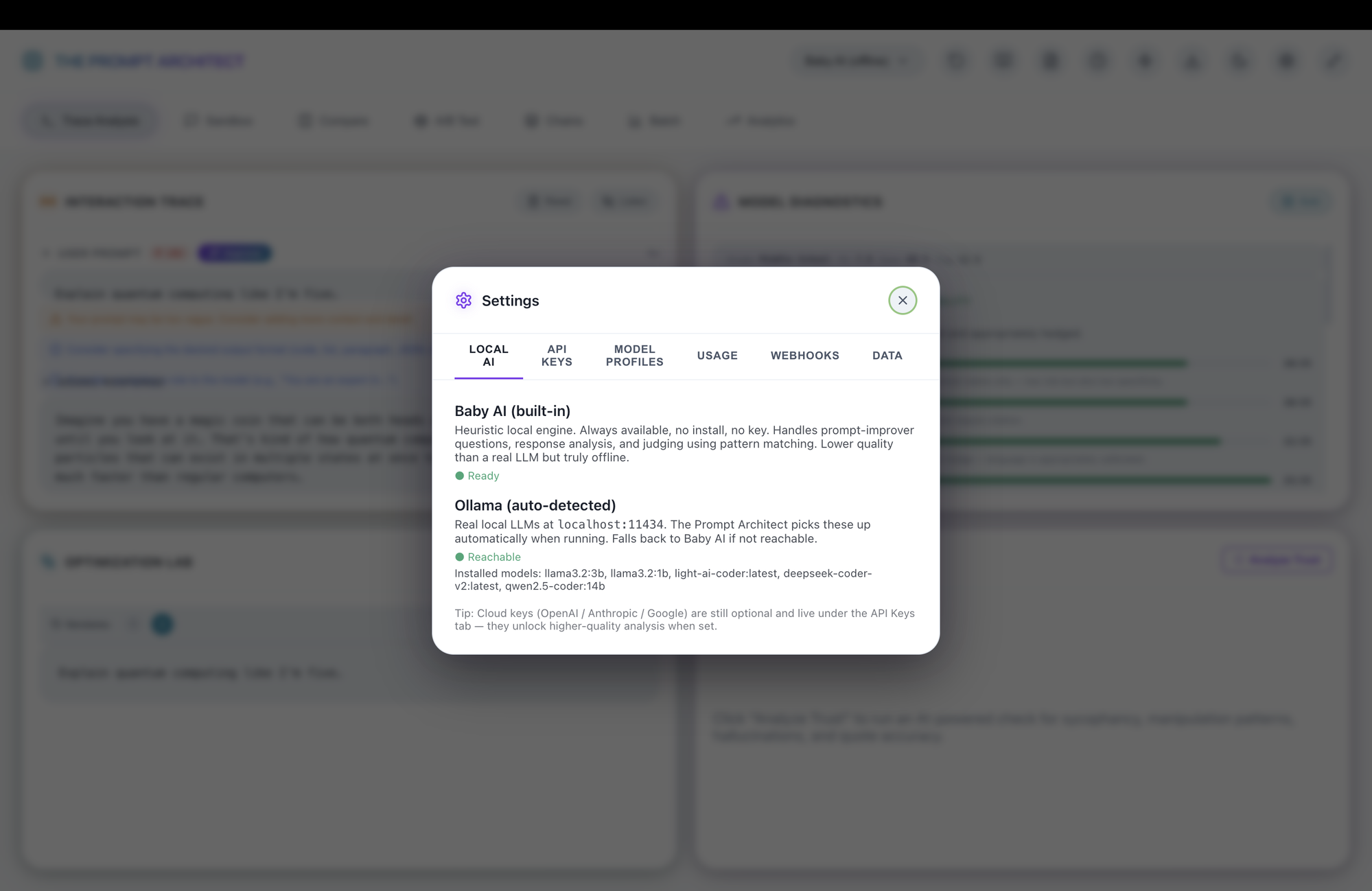 Settings — local AI and API keys