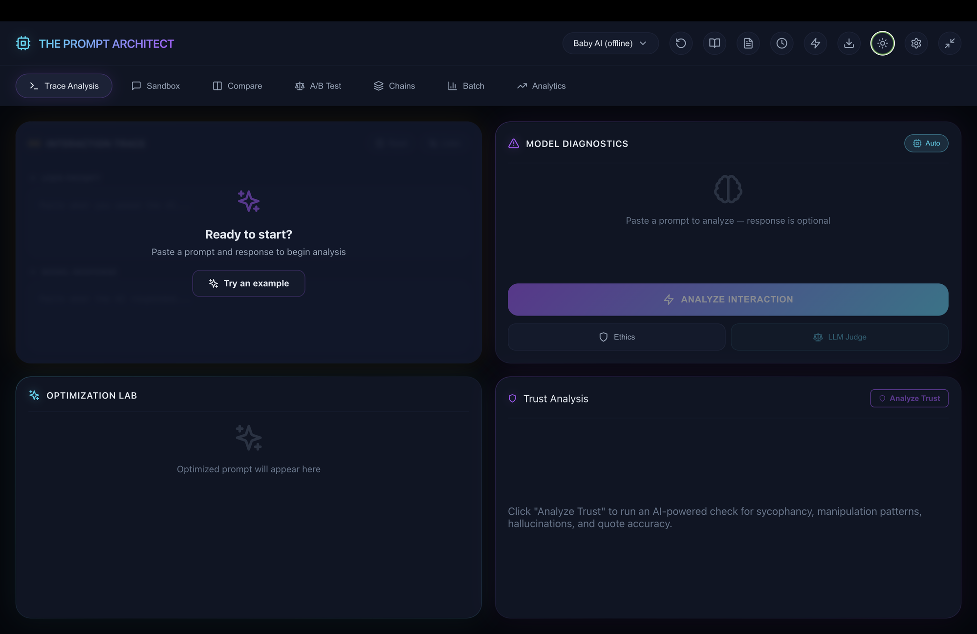 Prompt Architect trace analysis dark mode